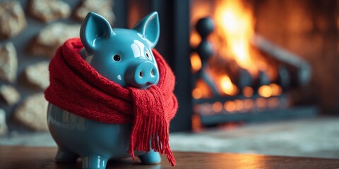 Winter Heating Costs Concept Blue Piggy Bank with Red Scarf in Front of Fireplace.