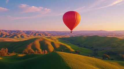 Obraz premium Hot Air Balloon Floating Peacefully Over Rolling Green Hills at Sunset