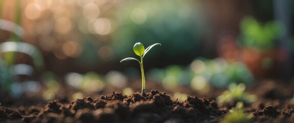 Small Green Sprout Emerging from Rich Soil Under Soft Natural Light in Garden Environment