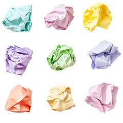 Fototapeta premium Nine Pastel Colored Crumpled Paper Scraps PNG Against Transparent Background for Creative Design, Abstract Concepts, or Artistic Projects