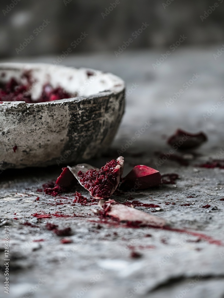 Poster artistic display of crushed red dry flower petals and a rustic bowl on a textured surface : generati