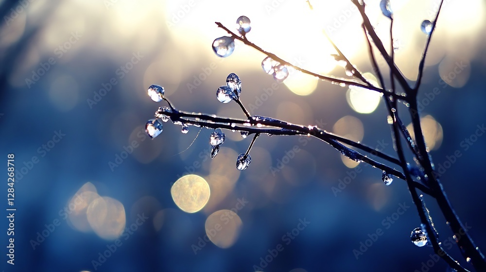 Aufkleber Close up of delicate water droplets on bare branches during early morning light creating a beautiful bokeh effect : Generative AI