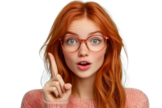 Young woman with red hair gestures with surprise