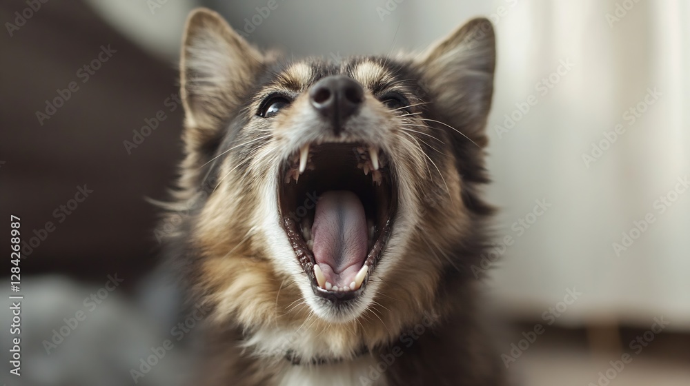 Poster excited dog with mouth open showing fangs while sitting indoor : generative ai