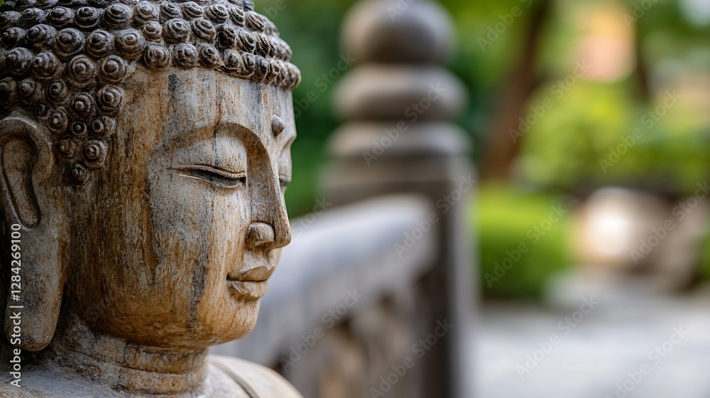 Poster intricate wooden buddha statue representing peace tranquility and meditation in a serene setting : g