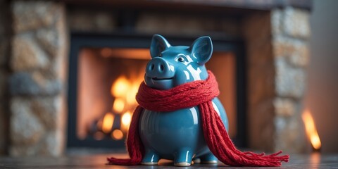 Winter Heating Costs Concept Blue Piggy Bank with Red Scarf in Front of Fireplace