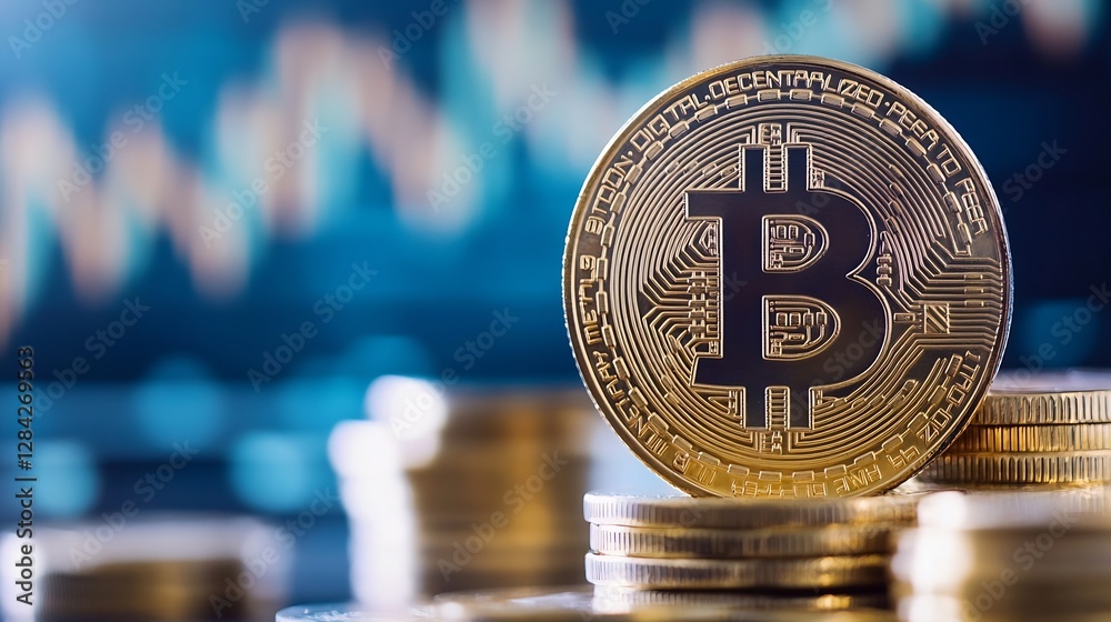 Poster close up of a bitcoin coin set against a backdrop of blurred coins depicting cryptocurrency investme