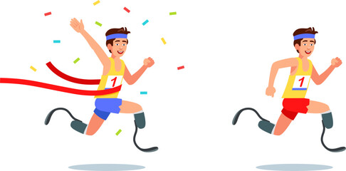Motivation and perseverance: runner with prosthetic legs achieves success. Flat style vector illustration clipart