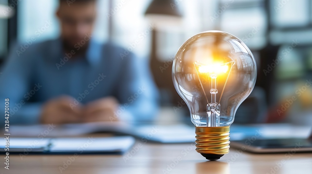 Aufkleber Glowing Light Bulb Illuminating a Modern Workspace with Blurred Background Focus : Generative AI