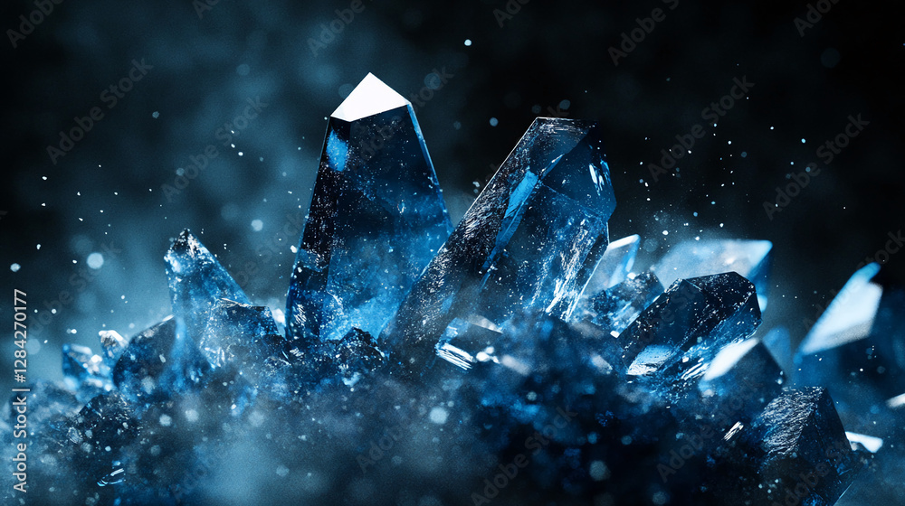 Poster close-up of sharp blue crystals surrounded by mist and particles, showcasing their intricate details