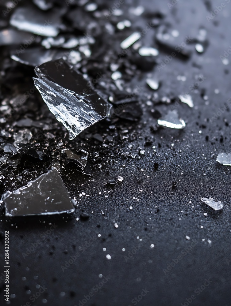 Poster closeup view of shattered black glass pieces creating an intriguing abstract background texture : ge