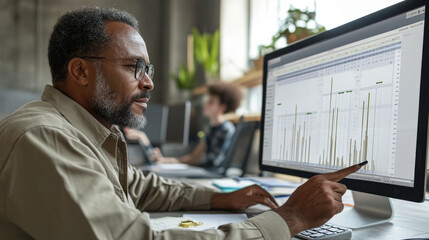 Efficient man analyzing data on computer screen in modern office