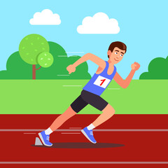 Sports motivation: track and field athlete in action. Flat style vector illustration clipart