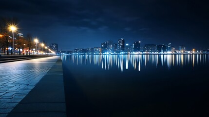 Fototapeta premium Stunning Nighttime Cityscape Image Featuring Bright Lights Reflected on Calm Water Surface : Generative AI