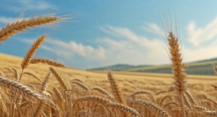 Fototapeta premium Golden Wheat Field Under Clear Blue Sky with Rolling Hills.