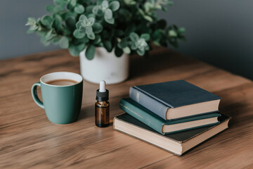 Naklejka premium Relaxing morning with coffee, wellness oil, and books on a wooden table