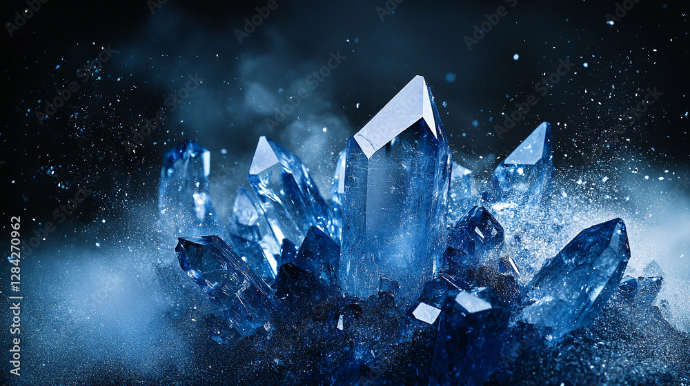 Poster close-up of shimmering blue crystals with sharp edges and vibrant details, surrounded by dust and mi