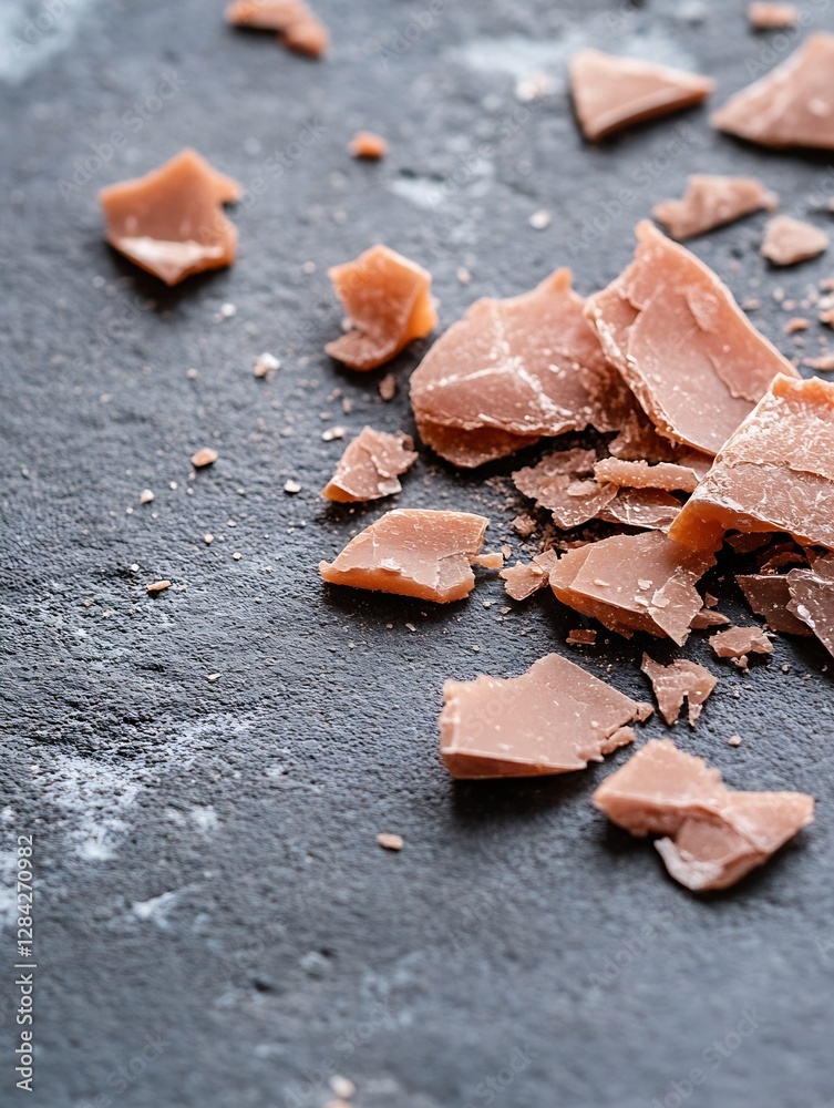 Poster broken pieces of chocolate scattered on a dark surface showcasing texture and organic shapes of the 