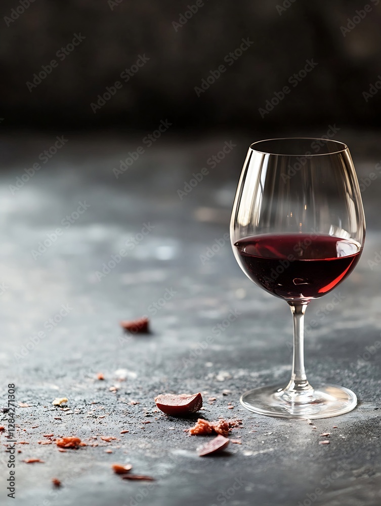 Poster elegant wine glass with red wine on table showcasing remnants of chocolate for a sophisticated ambia