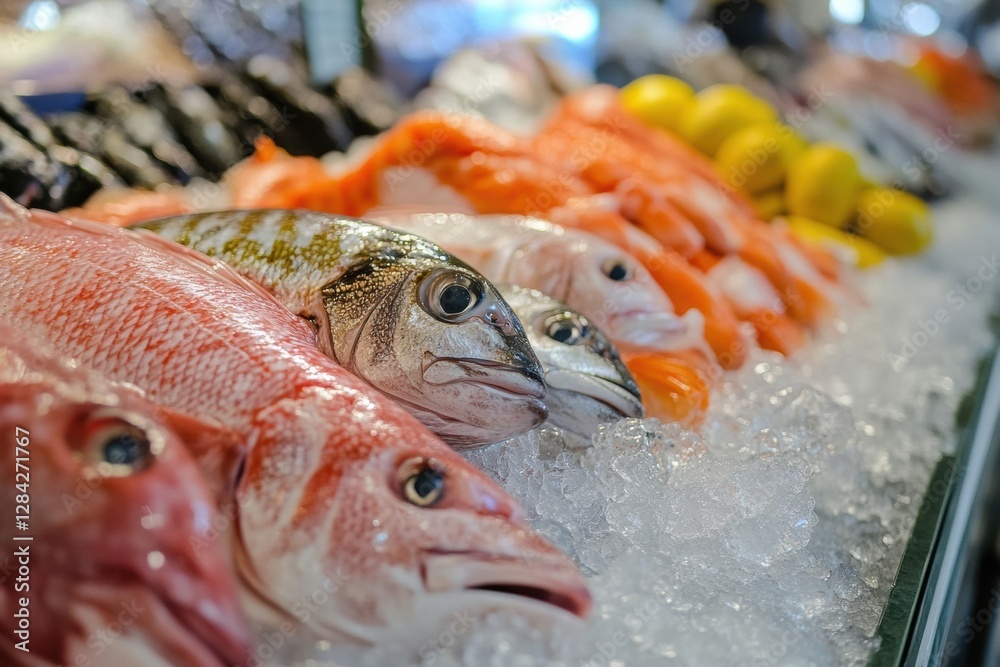 Poster Fresh seafood display at local market showcasing various fish and shellfish on ice. Generative AI