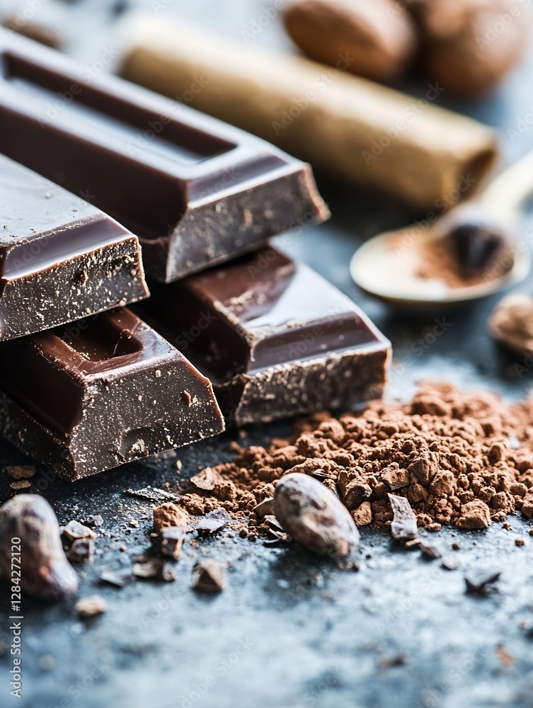 Aufkleber gourmet dark chocolate pieces with cocoa powder and nuts arranged on a slate surface : generative ai