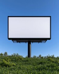 Obraz premium An empty billboard standing prominently in a green landscape under a clear blue sky.