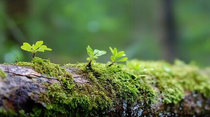 Close up of lush green moss and small plants growing on a fallen log in the forest : Generative AI