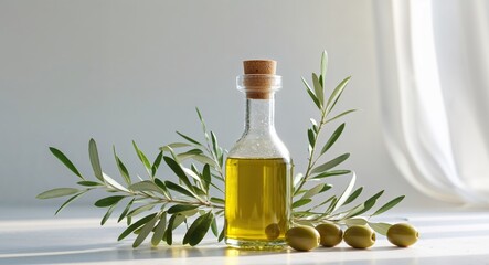 Glass Bottle of Olive Oil with Olives and Branches.