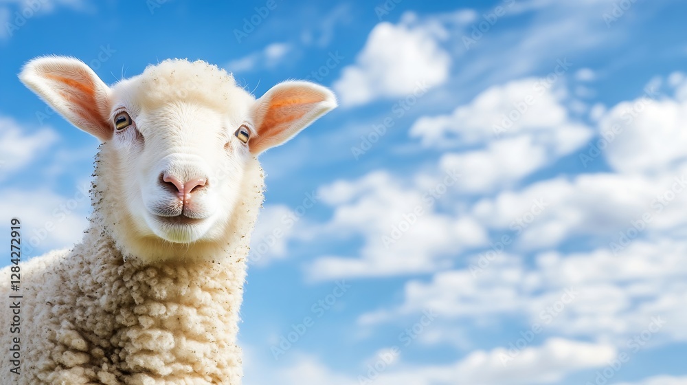 Poster Vibrant image of sheep standing against a backdrop of cloudy blue sky emphasizing its woolly texture : Generative AI