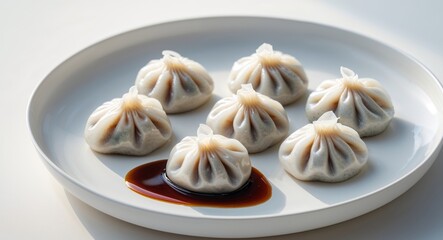 Delicious and appetizing steamed dumplings with soy sauce on white plate