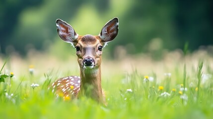 Fototapeta premium Charming closeup of a young deer surrounded by flowers in a lush green meadow showcasing wildlife beauty : Generative AI