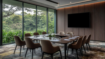 Fototapeta premium Modern conference room with large windows and greenery view, featuring long table and comfortable chairs, ideal for meetings and presentations