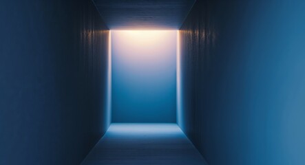 A dark blue hallway with a light shining on it