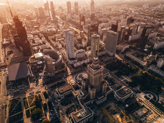 downtown of big capital city with skyscraper towers and modern tall office buildings, skyline and contemporary architecture of financial district, Warsaw, Poland, aerial top view  © goami
