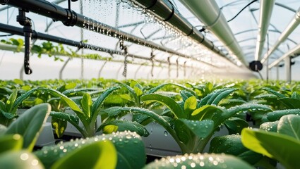 Vibrant hydroponic greens thrive under gentle, automated irrigation in a modern greenhouse.