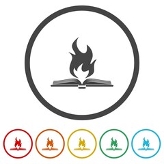 Book and fire icon. Set icons in color circle buttons