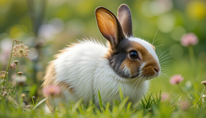 Fototapeta premium rabbit on grass, Rabbit with Brown, White, and Black Fur in a Vibrant Flower Field