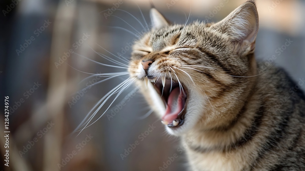 Aufkleber Charming tabby cat yawning widely in natural light revealing its unique patterns and textures : Generative AI