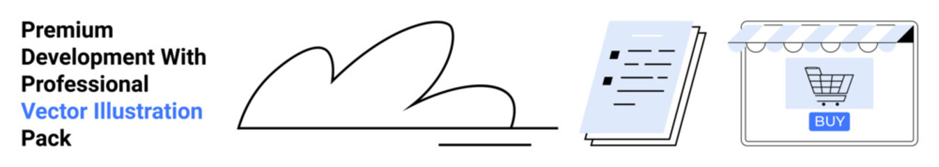 Abstract cloud design, document checklist, and online shopping cart storefront. Ideal for cloud services, e-commerce, product development, SaaS, tech solutions, branding flat landing page banner