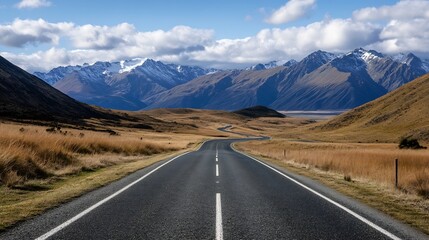 Naklejka premium Winding road leading through stunning alpine mountains with blue skies and scenic views all around : Generative AI