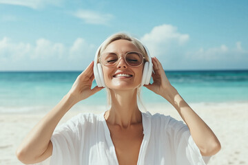 Carefree moment of joy while listening to favorite tunes at the ocean
