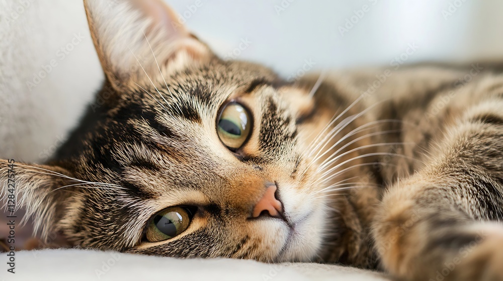 Poster charming tabby cat resting comfortably with bright green eyes on a soft surface : generative ai