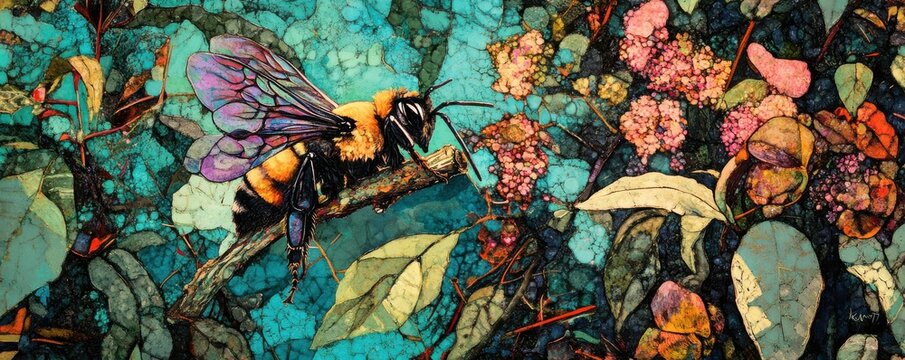 Vibrant bee pollinating colorful flowers in lush botanical garden