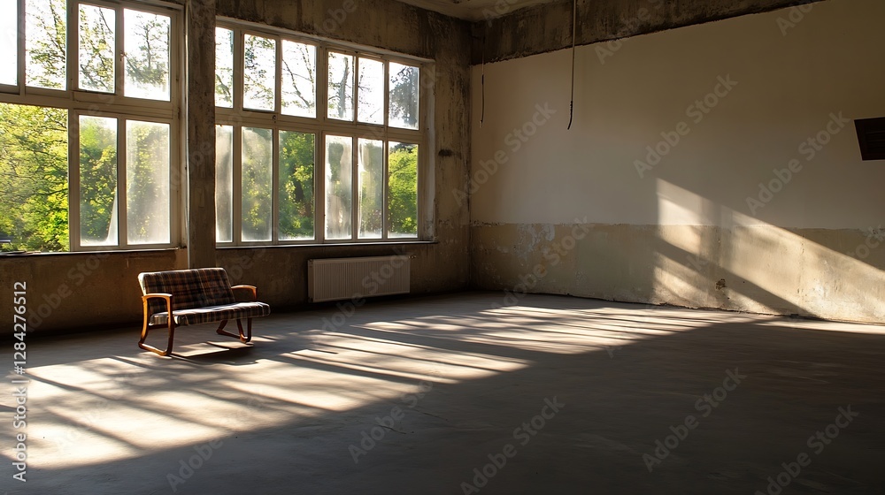 Poster abandoned room with a single chair illuminated by natural light through large windows and dusty inte