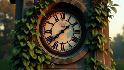 Fototapeta premium Lost hour, An abandoned clock tower with frozen time at 315 under sunset light front view overgrown with vines.