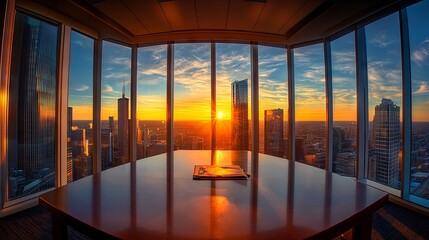 Fototapeta premium Modern Office Workspace with Laptop, Tablet, and City View