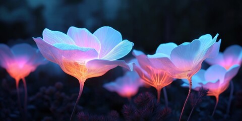 A group of flowers with neon lights shining on them. The flowers are in a dark background