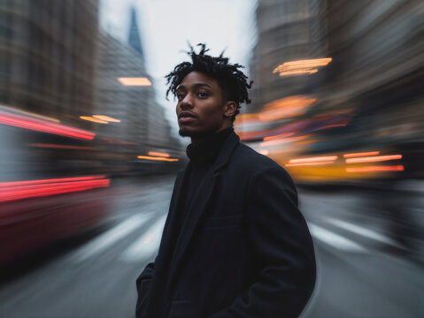  A dramatic urban portrait of a young man with blurred city lights and red buses in motion, emphasizing energy and movement. - Powered by Adobe