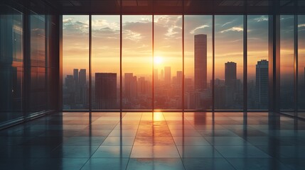 Fototapeta premium Serene Sunrise Office View with City Skyline