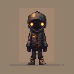 Pixelated Figure with Glowing Eyes Stands Confidently Pixel Art Style Mysterious Enigmatic Design